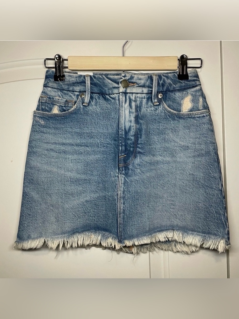 Good American Light Blue Frayed Denim Mini Skirt